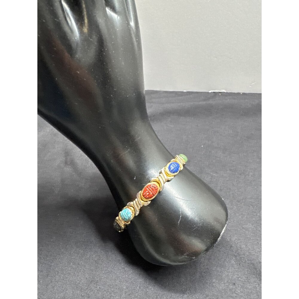 Vintage Multi-Color Scarab Beetle Bracelet With Gold/Silver Tone Link Chain